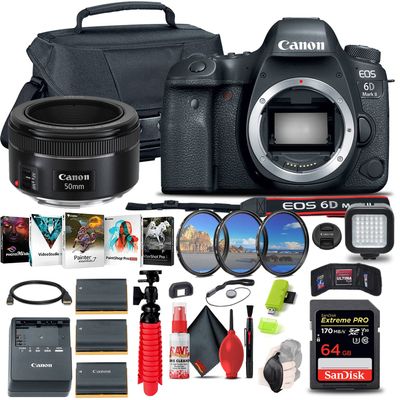 Canon EOS 6D Mark II DSLR Camera (Body Only) (1897C002), Canon EF 50mm Lens, 64GB Memory Card, Case, Filter Kit, Corel Photo Software, 2 x LPE6 Battery, LED Light + More (Renewed)