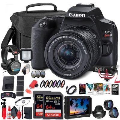 Canon EOS Rebel SL3 DSLR Camera with 18-55mm Lens (Black) (3453C002), 4K Monitor, Pro Mic, Pro Headphones, 2 x 64GB Memory Card, Color Filter Kit, Case, Filter Kit + More (Renewed)