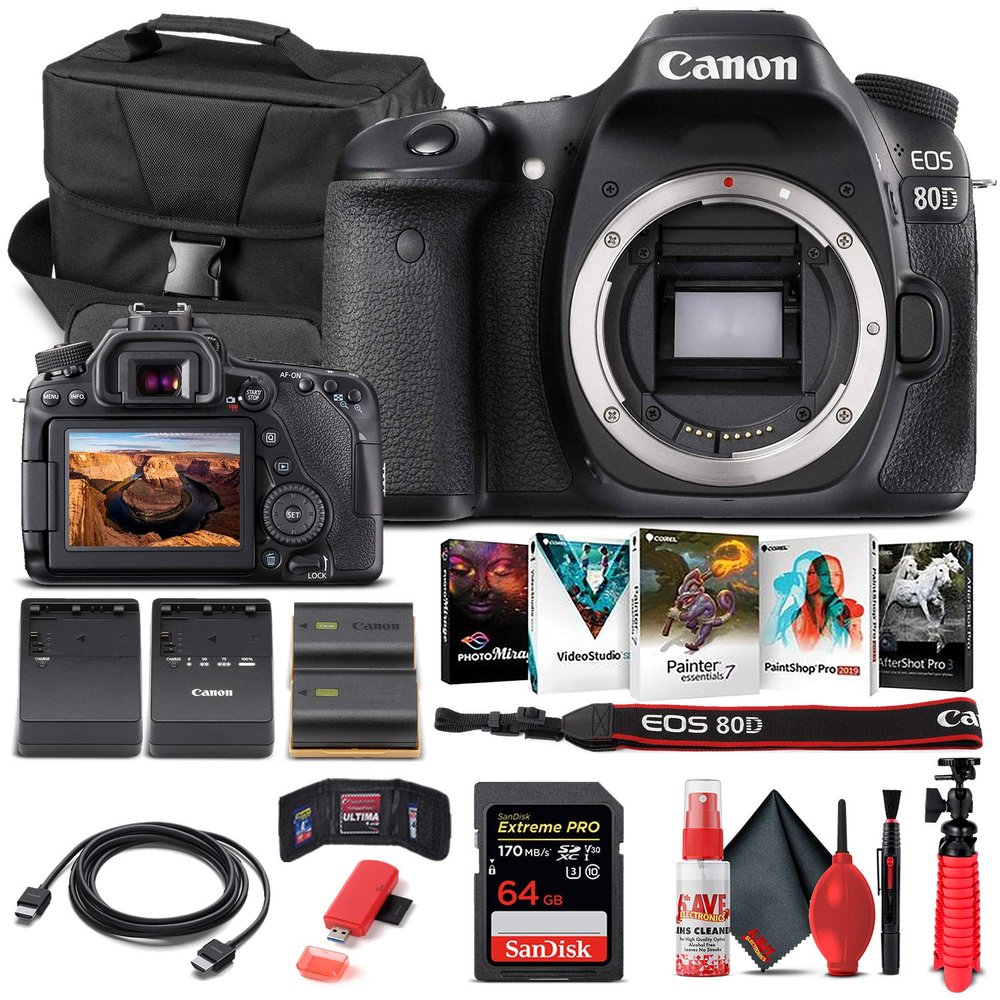 Canon EOS 80D DSLR Camera (Body Only) (1263C004), 64GB Memory Card, Case, Corel Photo Software, LPE6 Battery, External Charger, Card Reader, HDMI Cable, Cleaning Set + More