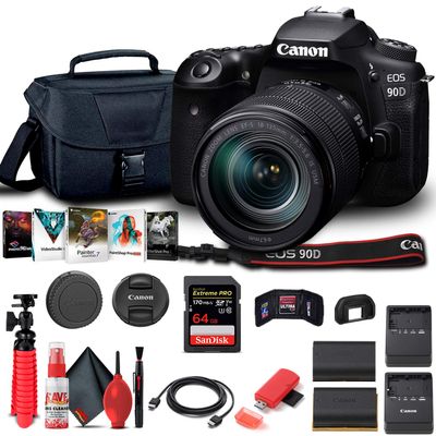 Canon EOS 90D DSLR Camera with 18-135mm Lens (3616C016), 64GB Memory Card, Case, Corel Photo Software, LPE6 Battery, Charger, Card Reader, HDMI Cable, Cleaning Set + More (Renewed) Black