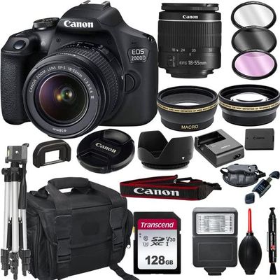 Canon EOS 2000D Rebel T7 DSLR Camera with 18-55mm f/3.5-5.6 Zoom Lens, 128GB Card, Tripod, Flash, and More 20pc Bundle (Renewed)