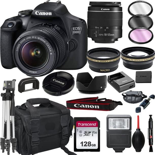 Canon EOS 2000D Rebel T7 DSLR Camera with 18-55mm f/3.5-5.6 Zoom Lens, 128GB Card, Tripod, Flash, and More 20pc Bundle (Renewed)