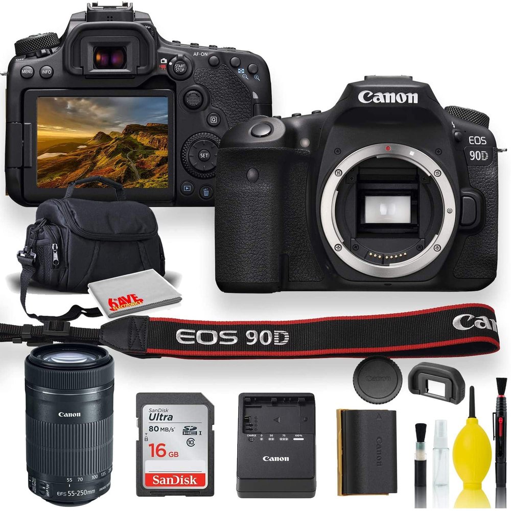 Canon EOS 90D DSLR Camera with Canon EF-S 55-250mm f/4-5.6 is STM Lens, Soft Padded Case, Memory Card, and More (Renewed) Black