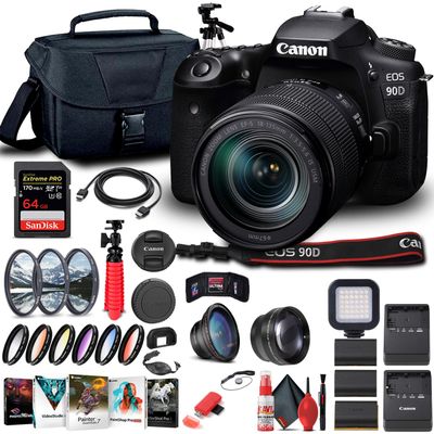 Canon EOS 90D DSLR Camera with 18-135mm Lens (3616C016), 64GB Memory Card, Case, Corel Photo Software, 2 x LPE6 Battery, Charger, Card Reader, LED Light, Filter Kit + More