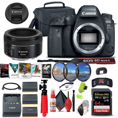 Canon EOS 6D Mark II Camera (Body Only) with 50mm Lens & Filter Kit Bundle