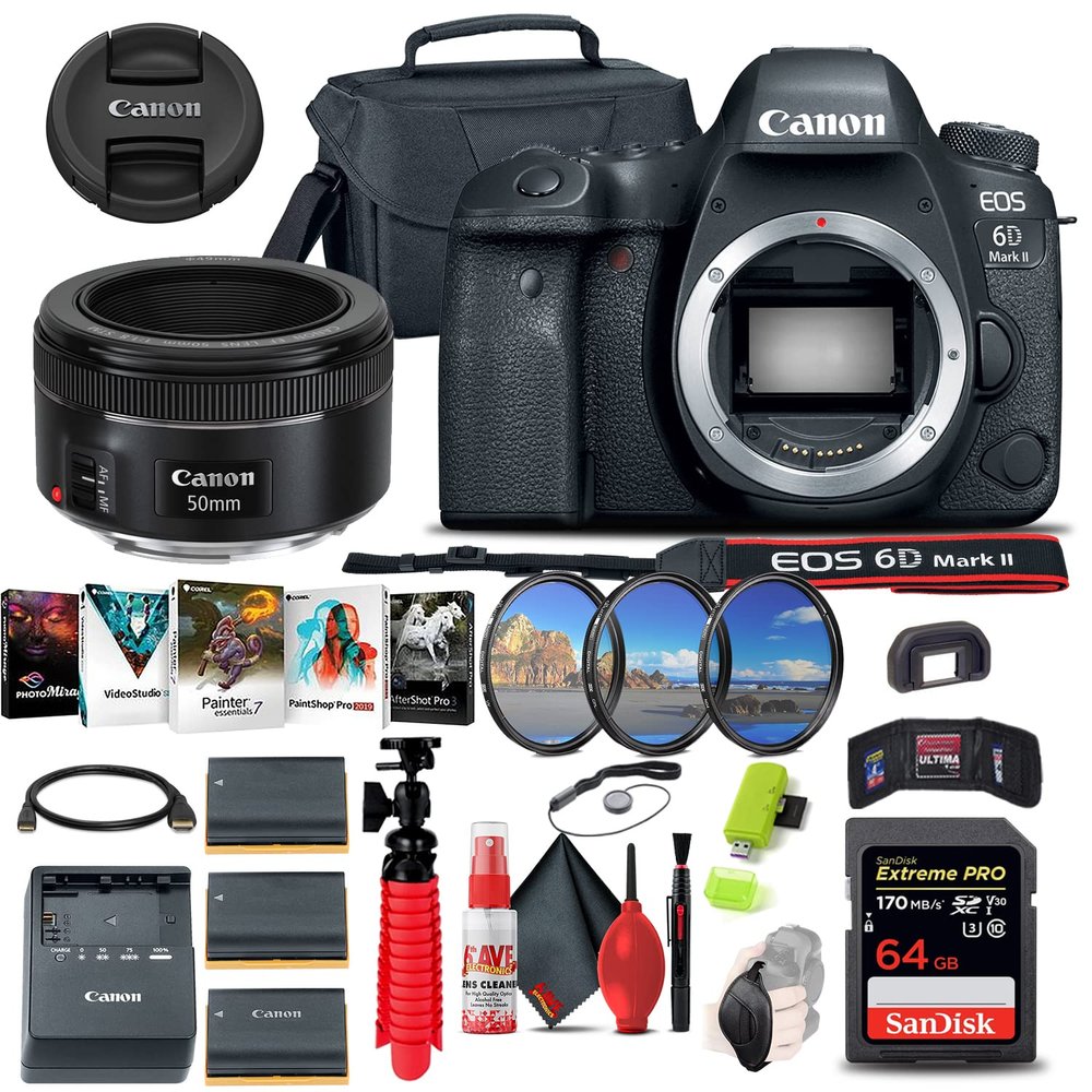 Canon EOS 6D Mark II Camera (Body Only) with 50mm Lens & Filter Kit Bundle