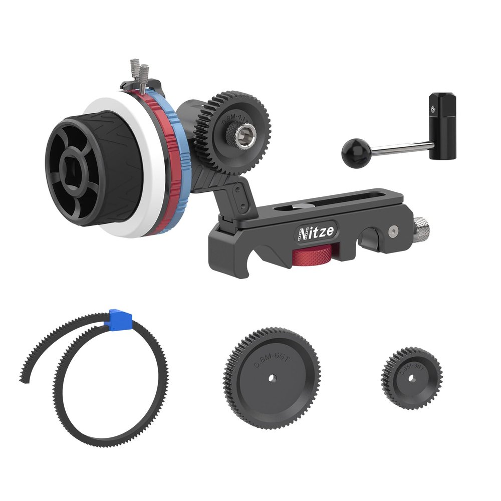 Nitze 15mm Follow Focus Kit with 3 Reversible Drive Gears, 3 Marking Disks, Gear Ring Belt and Crank, A/B Hard Stops and 360 Infinity Zoom Adjustable Dual Rod Cine Follow Focus - MF15D