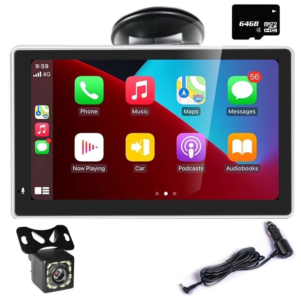 7 Inch Touchscreen Monitor for Wireless Apple Carplayer and Android Auto Car Stereo Multimedia Player with Bluetooth, Mirror Link, 12 LED Rear View Camera 64G Card Dash or Windshield Mounted