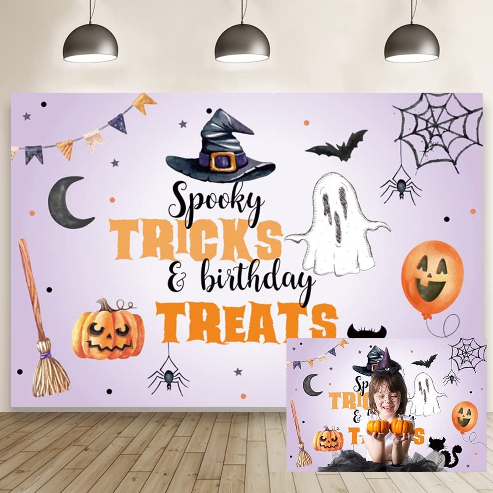 OERJU 12x10ft Halloween Trick or Treat Backdrop Pumpkin Spider Web Ghost Spooky Birthday Photography Backgrounds Kids Child Birthday Party Decorations Banner Portrait Photo Studio Props Supplies