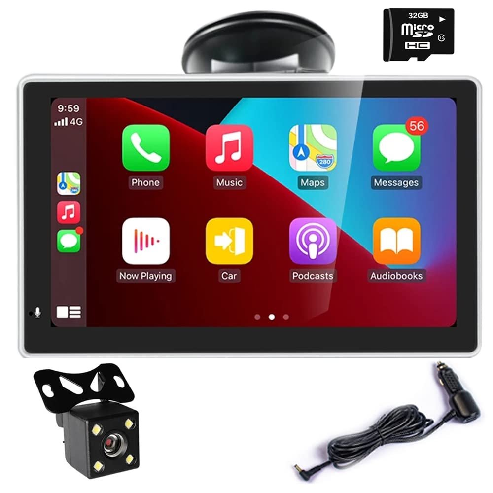 7 Inch Touchscreen Monitor for Wireless Apple Carplayer and Android Auto Car Stereo Multimedia Player with Bluetooth, Mirror Link, 4 LED Rear View Camera 32G Card Dash or Windshield Mounted