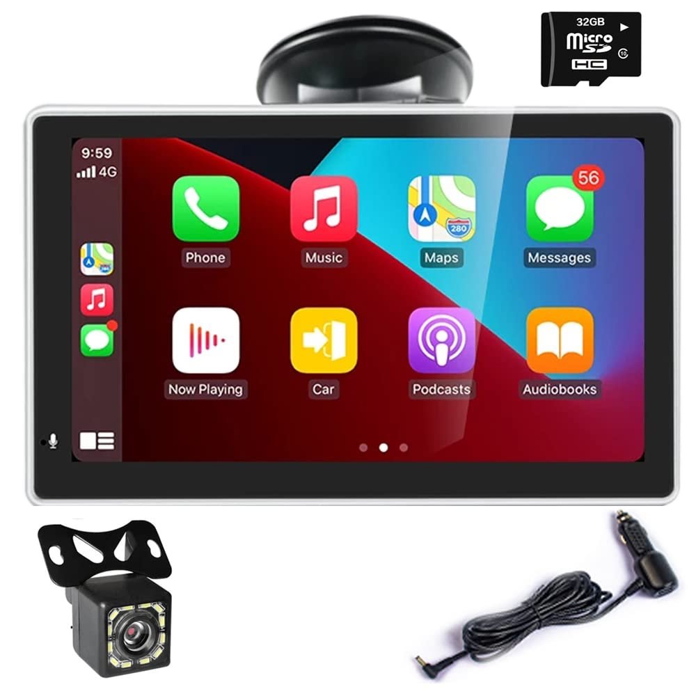 7 Inch Touchscreen Monitor for Wireless Apple Carplayer and Android Auto Car Stereo Multimedia Player with Bluetooth, Mirror Link, 12 LED Rear View Camera 32G Card Dash or Windshield Mounted