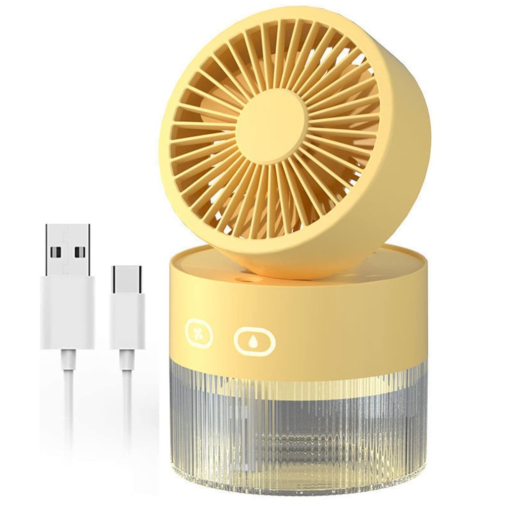 PIPOEI Desk Fan Portable Rechargeable USB Mini Water Cooling Spray Fan with Night Light Strong Wind 25dB Quiet Operation with 350ML Water Tank for Home Office Outdoor Yellow