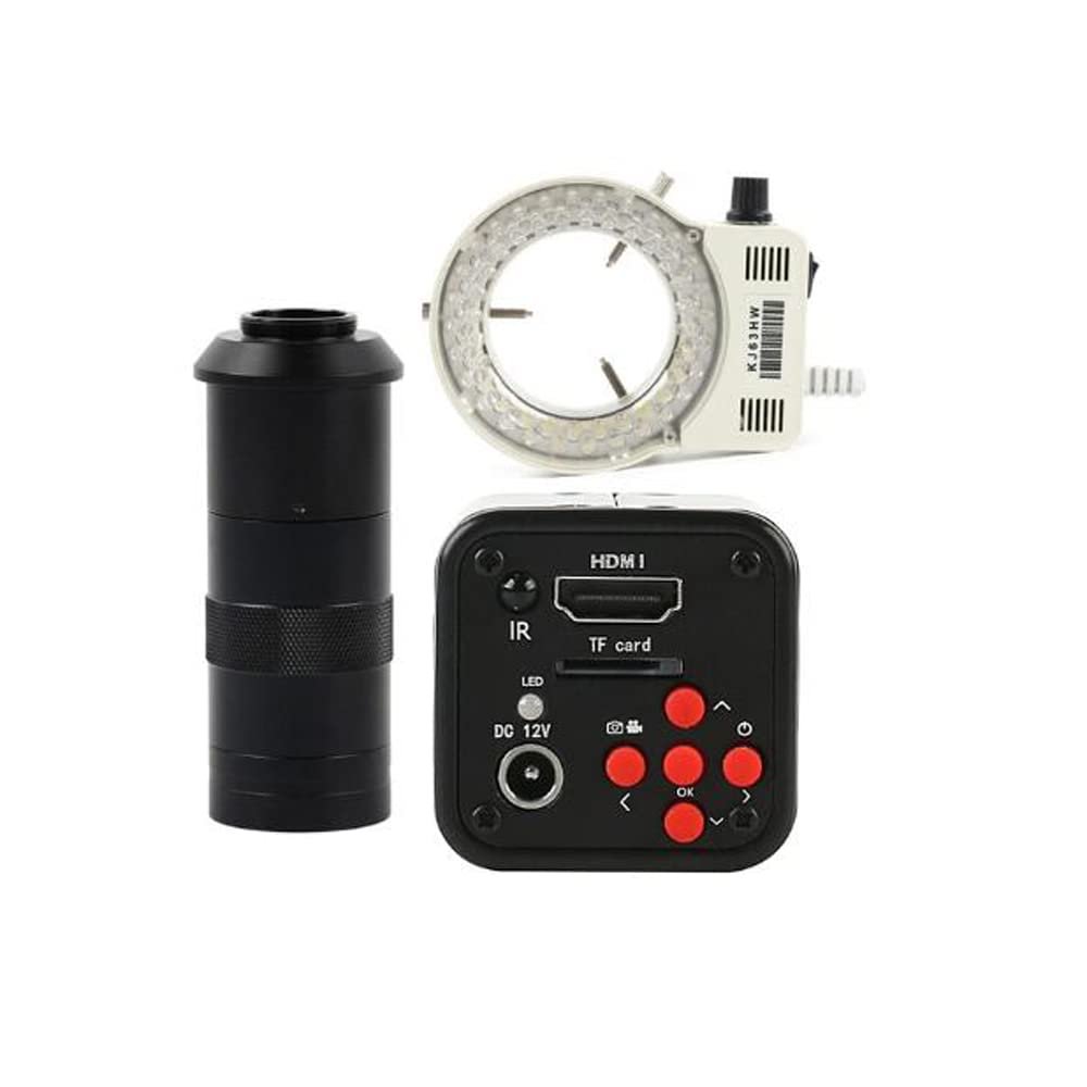 16MP HD 1080P 720P 60FPS Industrial Digital Video Microscope Camera TF HDMI Output & 100X C-Mount Lens Whit 56-LED Adjustable Ring Light