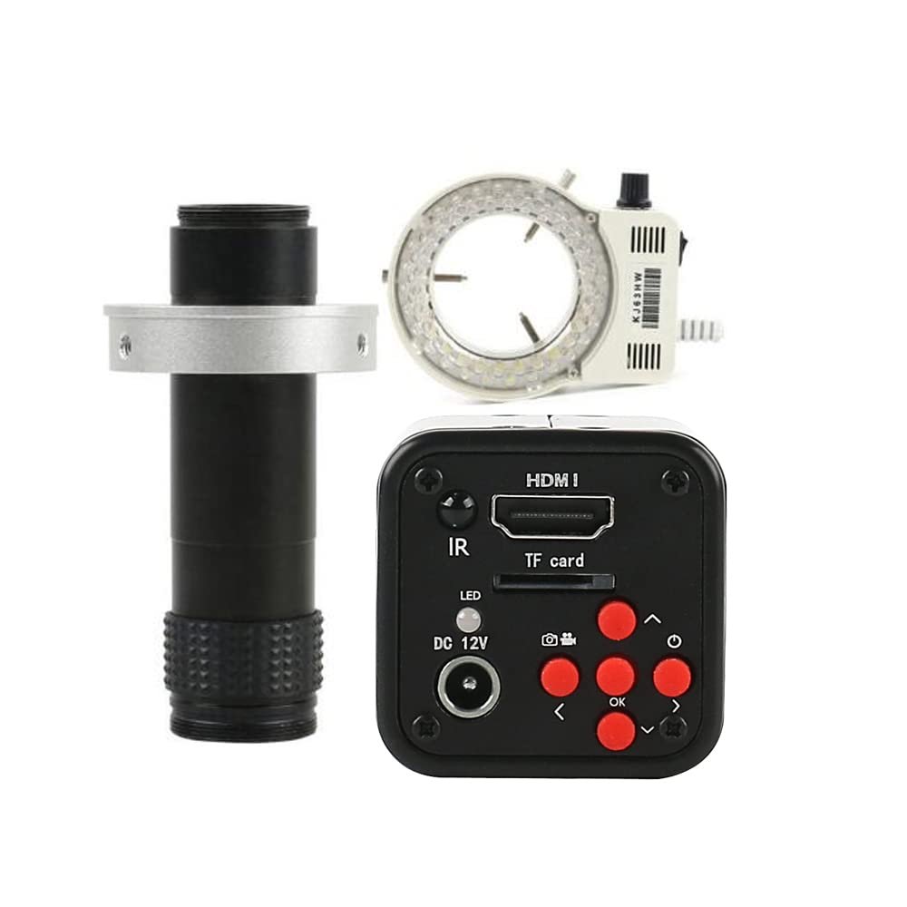 16MP HD 1080P 720P 60FPS Industrial Digital Video Microscope Camera TF HDMI Output & 120X C-Mount Lens Whit 56-LED Adjustable Ring Light