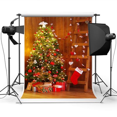10x10ft Christmas Trees Xmas Gifts Backgrounds for Photography Wood Background Red Christmas Socks Ladder Color Flag Background for Family Christmas Party Background