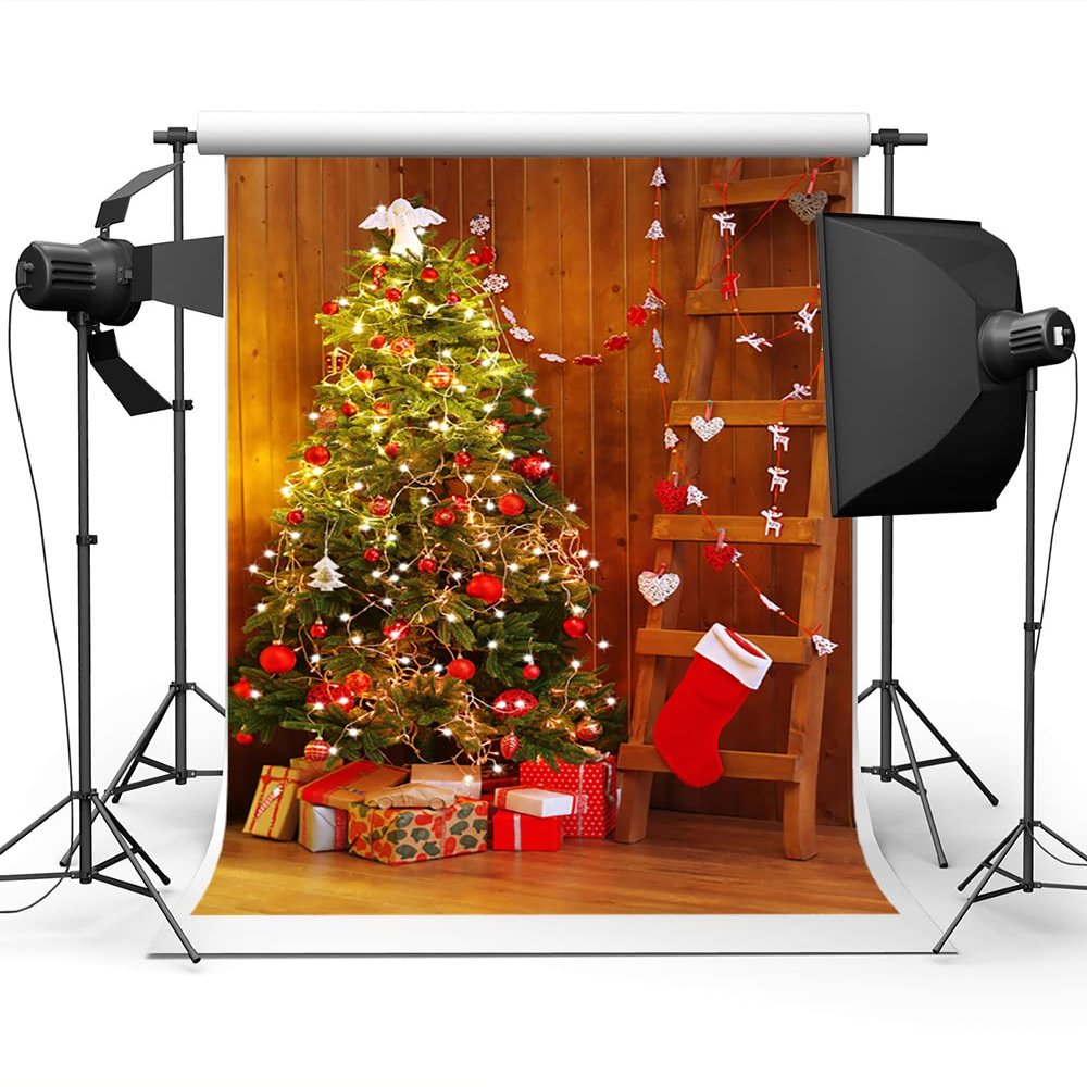 10X20ft Christmas Trees Xmas Gifts Backgrounds for Photography Wood Background Red Christmas Socks Ladder Color Flag Background for Family Christmas Party Background