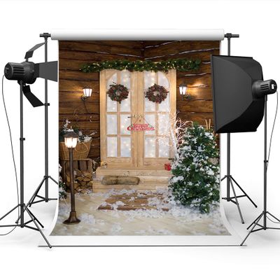 10x10ft Background of Outdoor Christmas Doors and Windows Pine Flowers Ring Lights Christmas Trees Snow Scenes Photography Background for Family Christmas Party Background