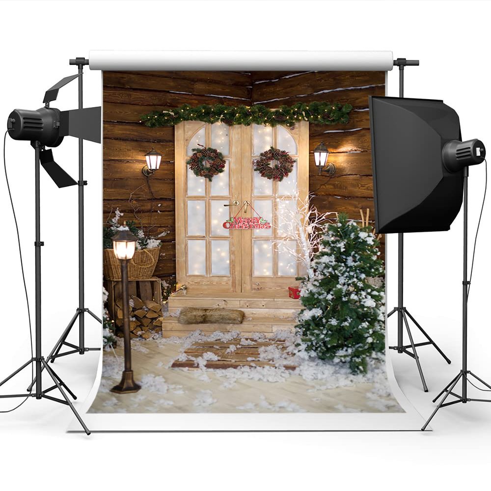 10x10ft Background of Outdoor Christmas Doors and Windows Pine Flowers Ring Lights Christmas Trees Snow Scenes Photography Background for Family Christmas Party Background