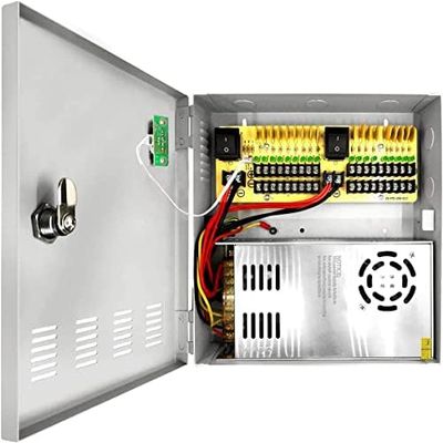 OOSSXX 18 Channel 12 Volt DC Output 30A CCTV Distributed Power Supply Box for Security Camera with AC Plug and Lock for Security Cameras, DVRs, CCTV Power Supply (30A 18-Channel)