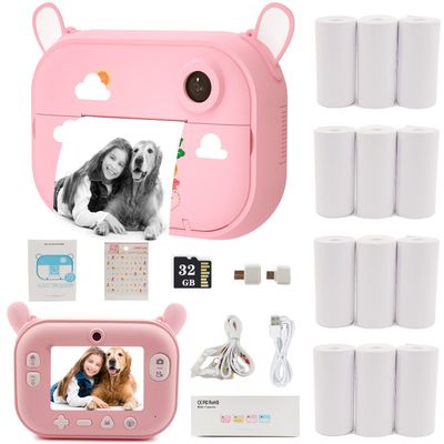 Kids Camera Instant Print Camera with 12 Rolls Refill Print Paper, Christmas Birthday Gifts for Girls Toy Pink Camera Digital Video Selfie Print That Photos Camera with 32GB TF Card