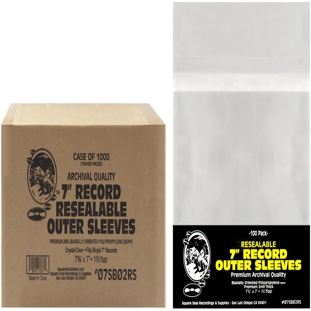 (1000) 7 inch Resealable Record Outer Sleeves - Super Clear Premium 2 Mil Thick - Archival Quality BOPP - Fits Standard Single 7 inch 45rpm Records - Durable Resealable Adhesive Strip - #07SB02RS