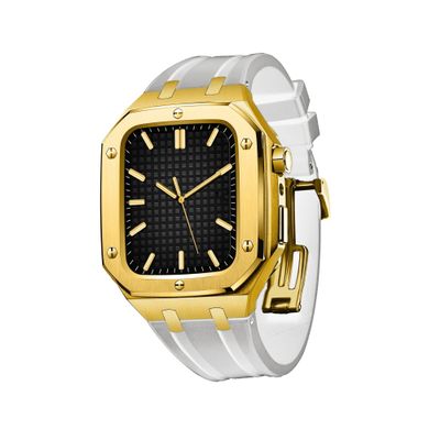 AEMALL Silicone Strap With Shockproof Bumper Case For Apple Watch Band Case Men Women Sports Military Band Protective Case 45mm 44mm Mod Kit Accessories(Gold WHITE,44MM FOR 6/5/4/SE)