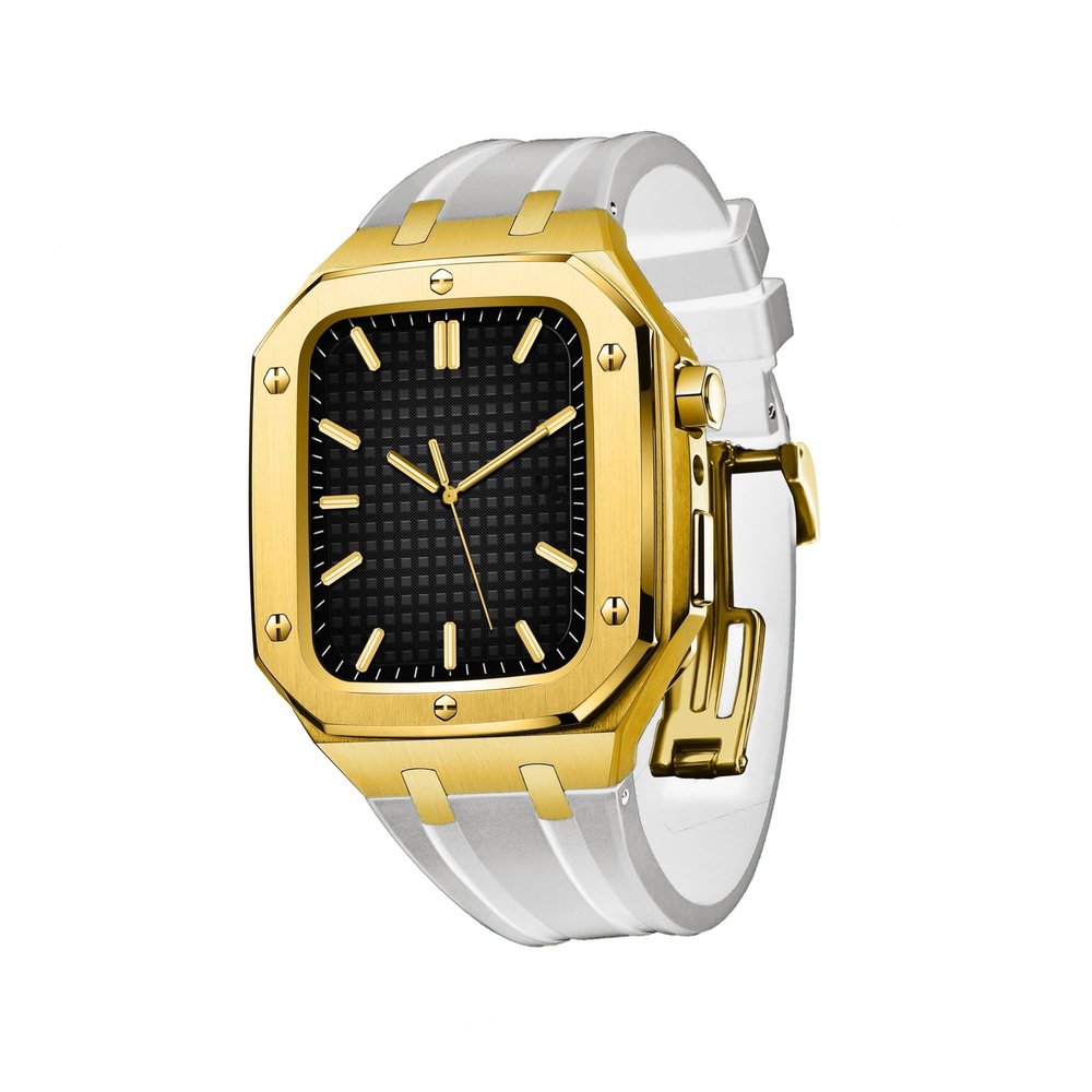 AEMALL Silicone Strap With Shockproof Bumper Case For Apple Watch Band Case Men Women Sports Military Band Protective Case 45mm 44mm Mod Kit Accessories(Gold WHITE,44MM FOR 6/5/4/SE)