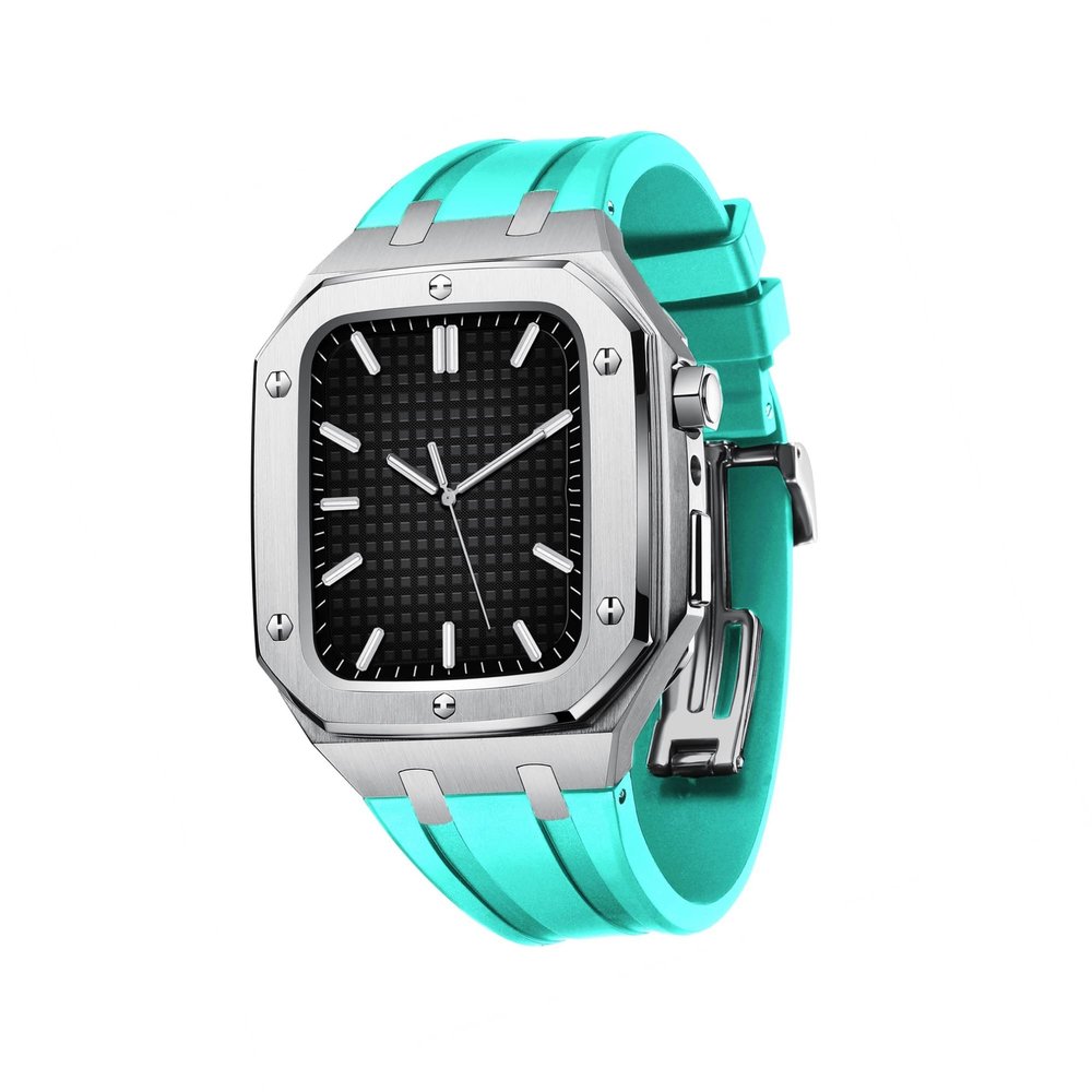 AEMALL Silicone Strap With Shockproof Bumper Case For Apple Watch Band Case Men Women Sports Military Band Protective Case 45mm 44mm Mod Kit Accessories(Silver Lake blue,45MM FOR 7)