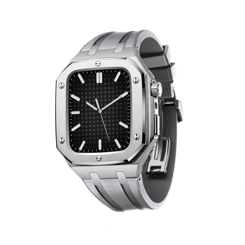 AEMALL Silicone Strap With Shockproof Bumper Case For Apple Watch Band Case Men Women Sports Military Band Protective Case 45mm 44mm Mod Kit Accessories(Silver Gray,45MM FOR 7)