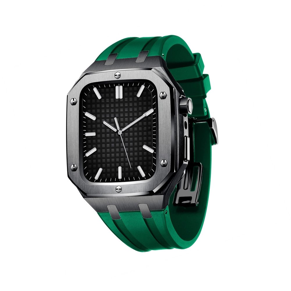 AEMALL Silicone Strap With Shockproof Bumper Case For Apple Watch Band Case Men Women Sports Military Band Protective Case 45mm 44mm Mod Kit Accessories(Gold Green,44MM FOR 6/5/4/SE)