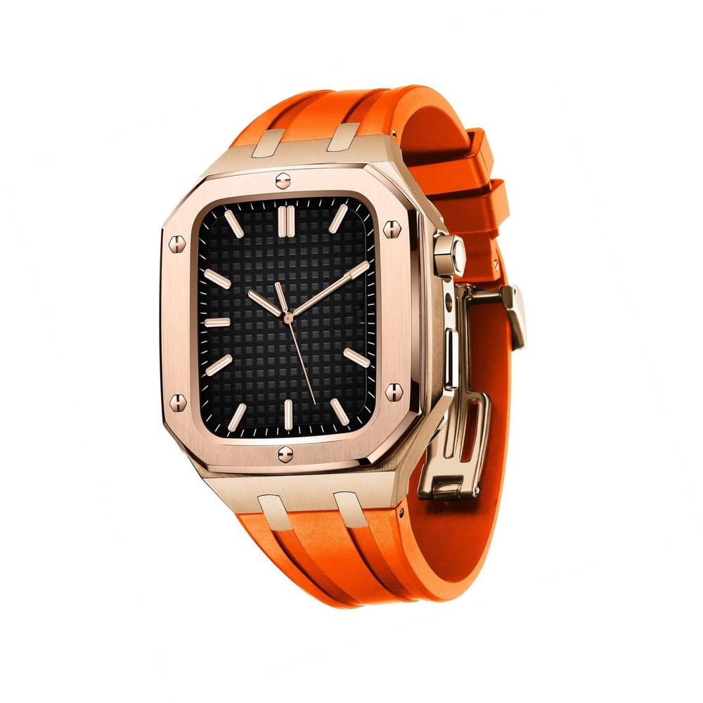 AEMALL Silicone Strap With Shockproof Bumper Case For Apple Watch Band Case Men Women Sports Military Band Protective Case 45mm 44mm Mod Kit Accessories(Rose Orange,44MM FOR 6/5/4/SE)