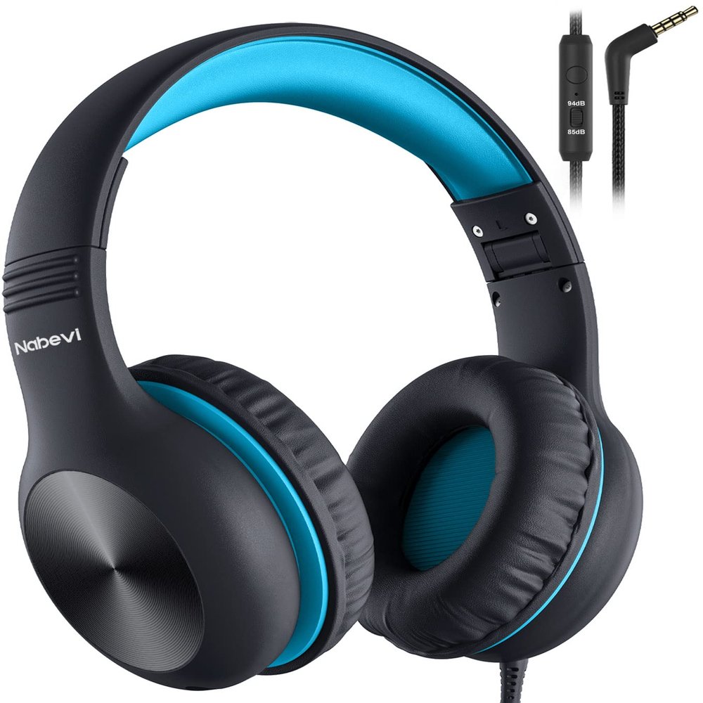 Nabevi BH100 Headphones for Kids, Over Ear, Wired, Hearing Protection, 85/94 dB Adjustable Volume Limit, Sharing Function, Microphone, Lightweight, Comfortable, [Sky Blue]