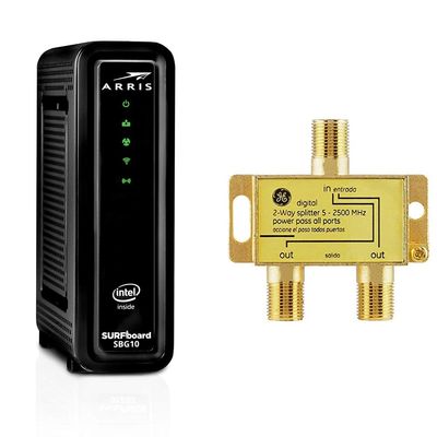 ARRIS Surfboard SBG10-RB DOCSIS 3.0 Cable Modem & AC1600 Dual Band Wi-Fi Router + GE Digital 2-Way Coaxial Cable Splitter
