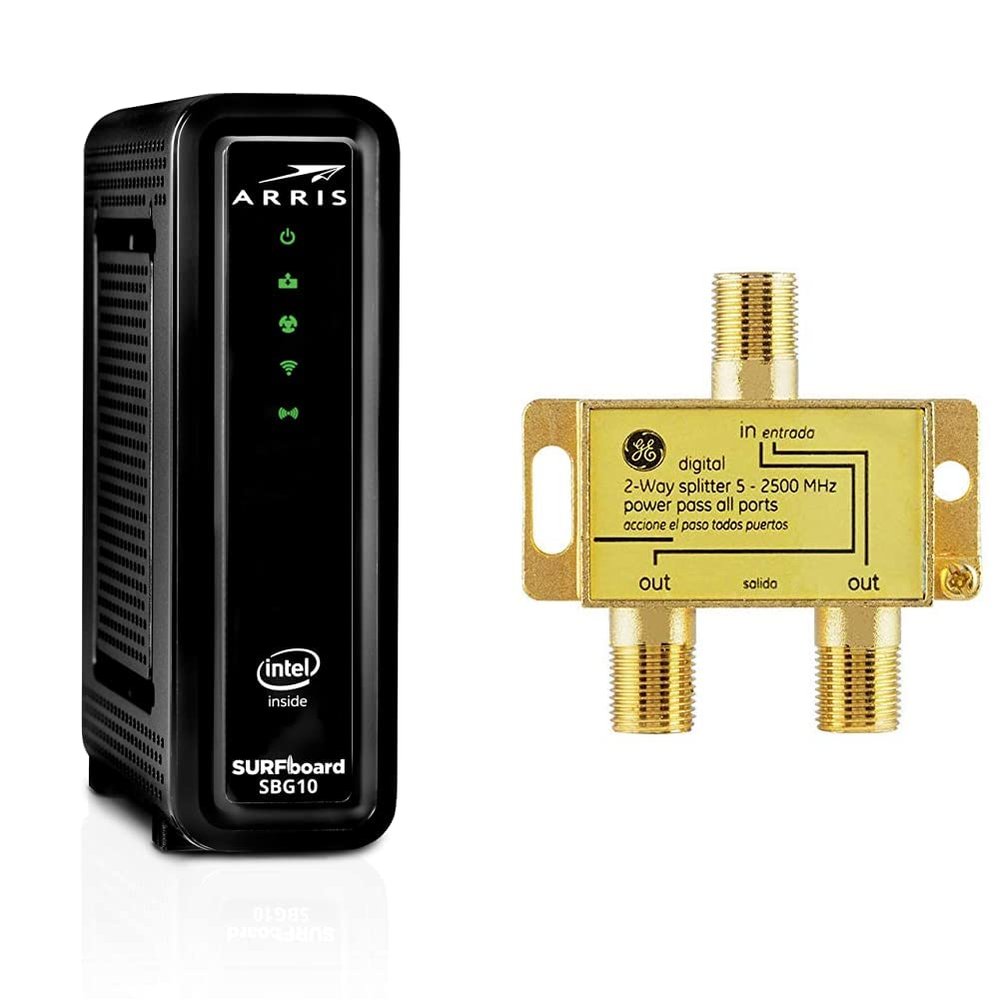 ARRIS Surfboard SBG10-RB DOCSIS 3.0 Cable Modem & AC1600 Dual Band Wi-Fi Router + GE Digital 2-Way Coaxial Cable Splitter