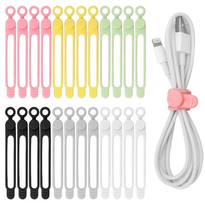 24 PCS Silicone Cable Ties, Catcan Reusable Cord Ties for Electrical Cords, Multipurpose Elastic Cord Organizer Straps for Bundling Fastening Charging Cords Earphone Cable (6 Colors)