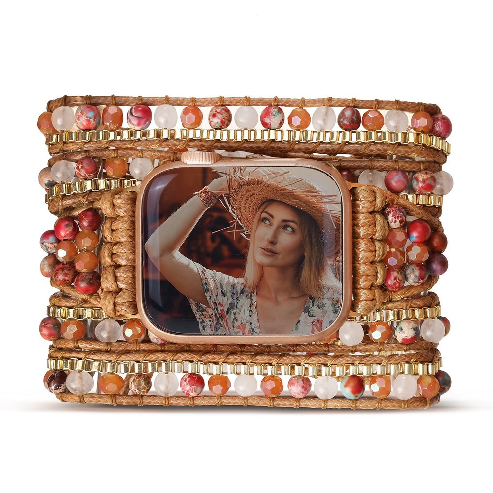 CHARMINGO Boho Wrap Bracelet Compatible with Beaded Apple Watch Band for Women 49mm/45mm/46mm/44mm/42mm, Handmade Jasper Stone Beads Apple Watch Strap for Iwatch Band SE Ultra 2 3 Series 11/10/9/8/7/6/5/4/3/2/1