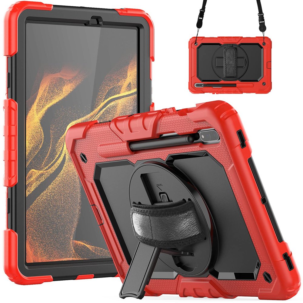 QANXGOG Case for Samsung Galaxy Tab S8 11 inch 2022, Tab S7 11-Inch 2020 Shockproof Protective Cover with Built-in Screen Protector&360 Swivel Kickstand&Hand Strap&Shoulder Strap,Red