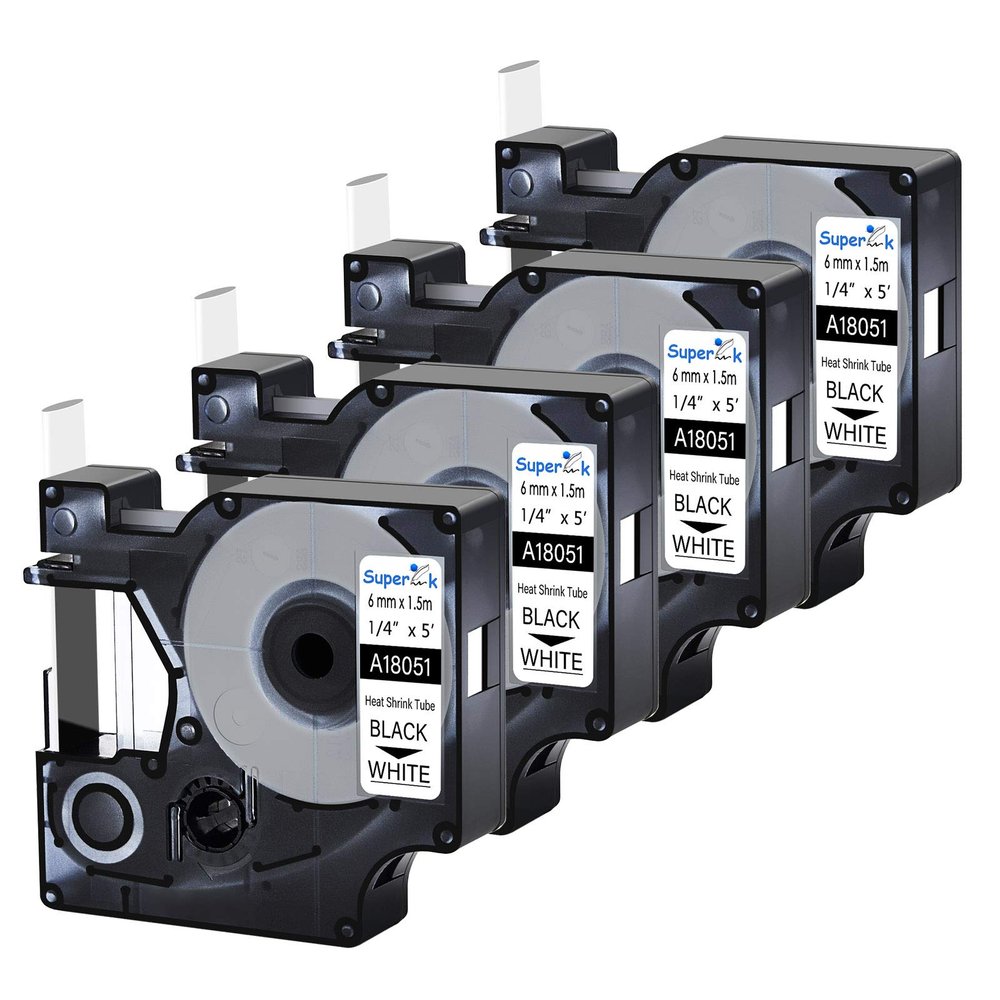 USUPERINK 4 Pack Compatible Labels Tape Replacement for DYMO 18051 6mm 1/4" x 5ft Black on White Heat Shrink Tube Labels for Cables Use with Rhino 3000 4200 5200 5000 6000 Industrial Label Maker