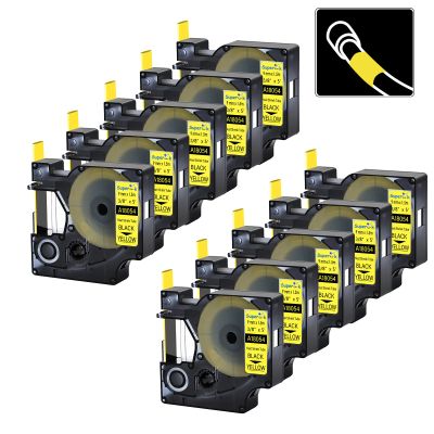 USUPERINK 10 Pack 9mm Yellow Heat Shrink Tube Compatible for DYMO 18054 3/8" Black on Yellow Heat Shrink Label Tape for Cables Use with Rhino 3000 4200 5200 5000 6000 Industrial Label Maker
