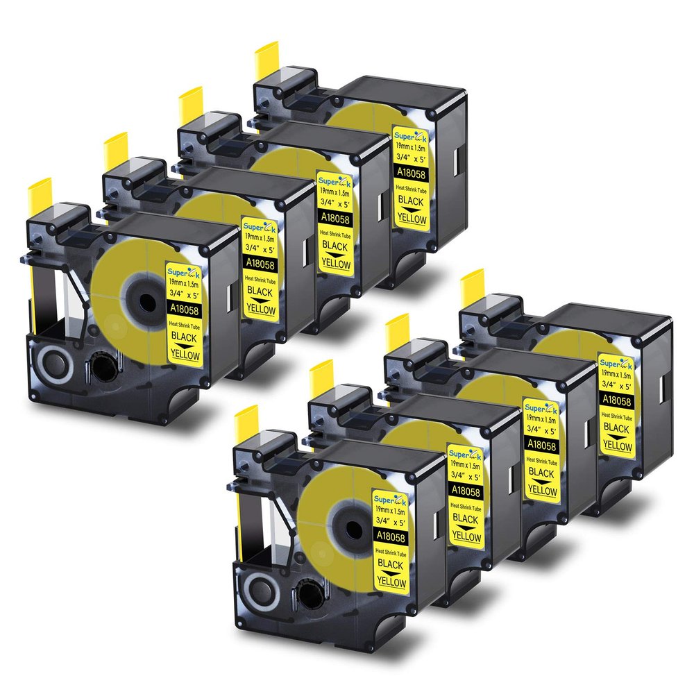 USUPERINK 8 Pack Compatible Labels Tape Replacement for DYMO 18058 19mm 3/4" x 5ft Black on Yellow Heat Shrink Tube Labels for Cables Use with Rhino 4200 5200 5000 6000 Industrial Label Maker