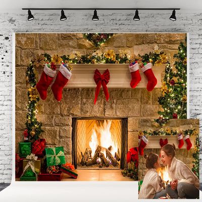 10x6.5ft Fabric Christmas Photography Backdrops Fireplace Decoration Stone Wall Christmas Socks Photo Booth Prop Background for Photo Studio