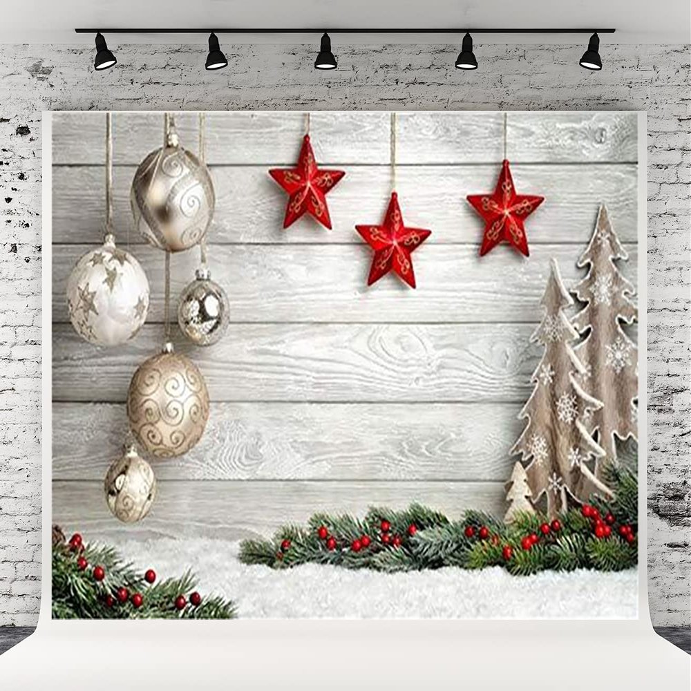 10x10ft Wood Wall Christmas Photography Backdrop Fabric Background with Stars, Silver & Gold Balls for Christmas Party