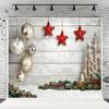 10x10ft Wood Wall Christmas Photography Backdrop Fabric Background with Stars, Silver & Gold Balls for Christmas Party view 1