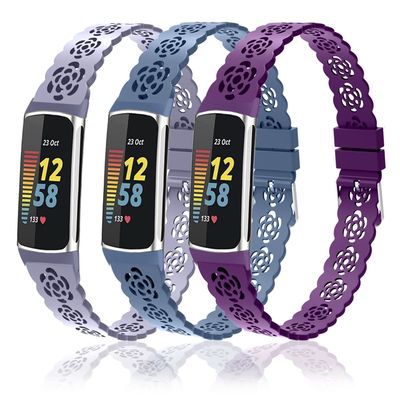 3-Pack Sport Bands Compatible with Fitbit Charge 6/ Charge 5 for Women, Lace Silicone Slim Narrow Thin Rose Hollowed-out Replacement Strap Wristband(Lavender Gray/Alaskan Blue/Dark Purple)