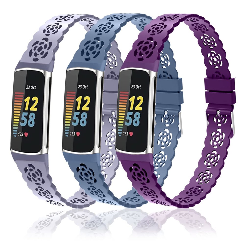 3-Pack Sport Bands Compatible with Fitbit Charge 6/ Charge 5 for Women, Lace Silicone Slim Narrow Thin Rose Hollowed-out Replacement Strap Wristband(Lavender Gray/Alaskan Blue/Dark Purple)