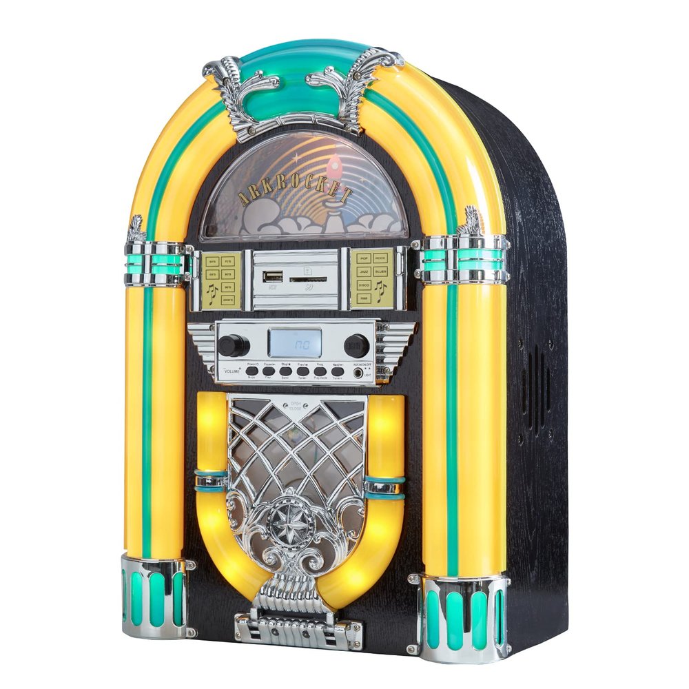 Arkrocket Athena Mini Jukebox/Tabletop CD Player/Bluetooth Speaker/Radio/USB and SD Card Player with Retro LED Lighting System (Yellow Green)