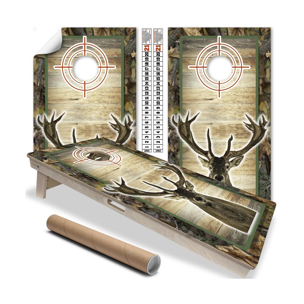 Cornhole Wraps for Boards Vinyl Decals (Set of 2) Deer Hunting Design Durable Corn Hole Bean Bag Toss Wraps, Stickers & Skins Outdoor Game Board Covers (Boards Not Included)