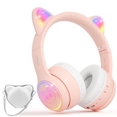 IFECCO Wireless Kids Headphones with Microphone,Foldable Cute Light Up Cat Ear Children Girls Bluetooth Headphones with Case for School Gifts Travel