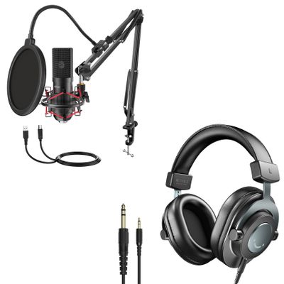 FIFINE USB Microphone Set, 1/4 or 1/8 Podcast Monitoring Wired Headphones, Gaming Microphone Kit Bundle for Streaming, Podcast, Home Studio, Headphones with Detachable Cables (T732+H8)