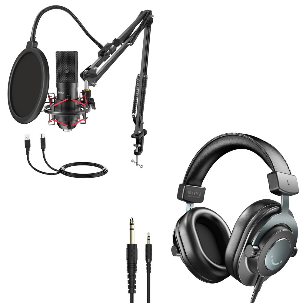 FIFINE USB Microphone Set, 1/4 or 1/8 Podcast Monitoring Wired Headphones, Gaming Microphone Kit Bundle for Streaming, Podcast, Home Studio, Headphones with Detachable Cables (T732+H8)